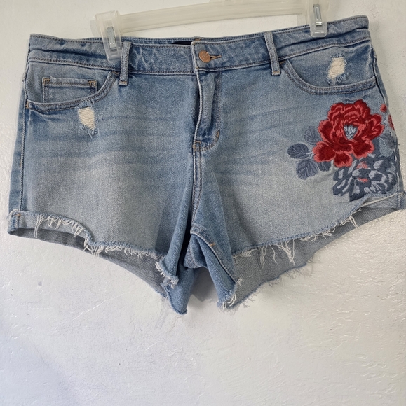 Hollister Blue and Red Jean Shorts with Floral Embroidery - Picture 1 of 3